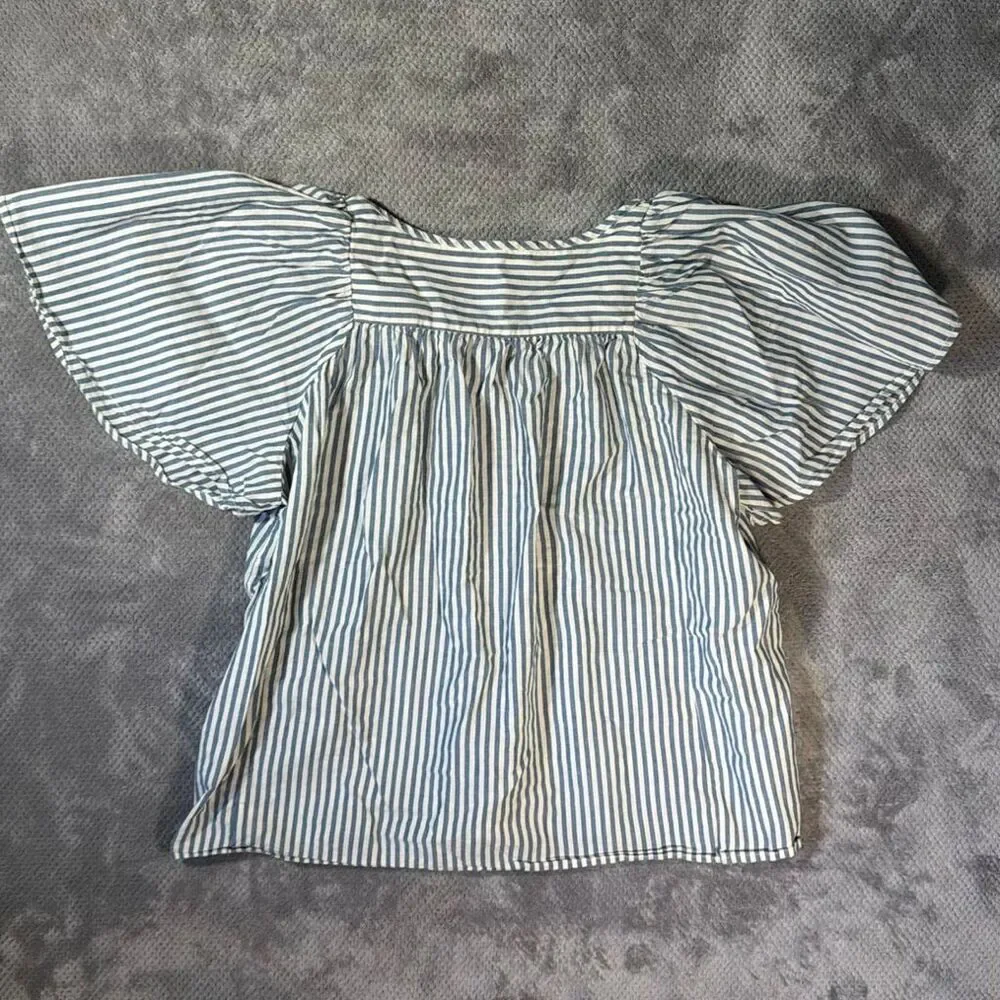 Madewell Courtyard Striped Puff Sleeve Peplum Blouse Medium Blue White Button Fr